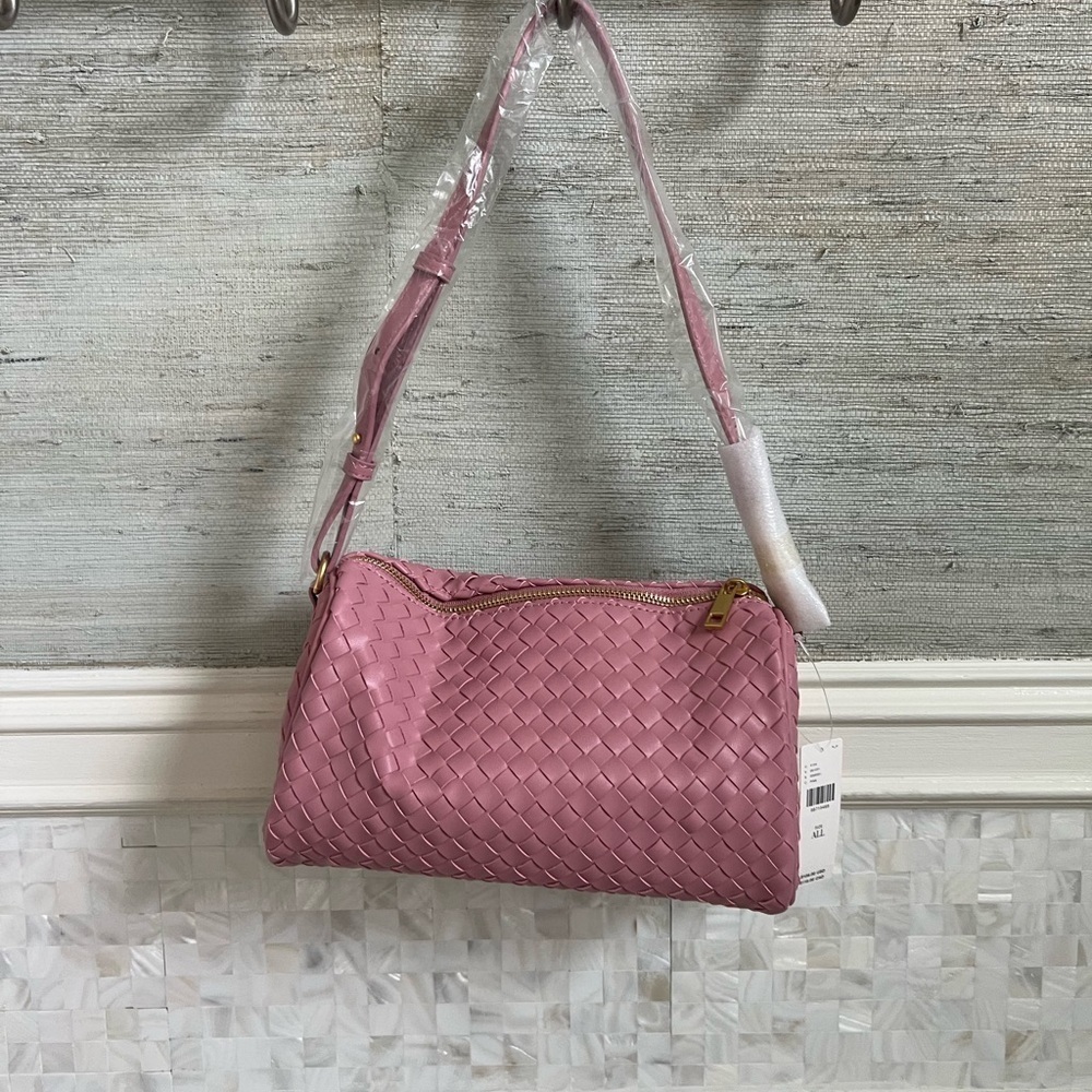 NWT new Anthropologie woven shoulder bag pink mauve faux leather zipper purse - Picture 6 of 15